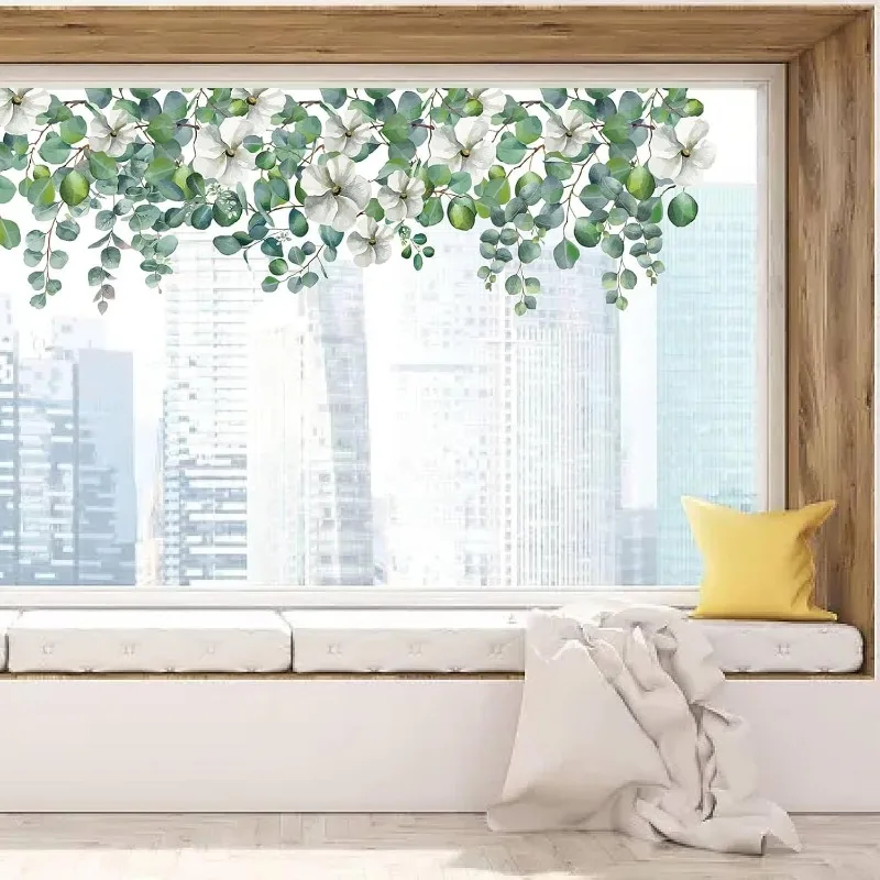 1pc 118x39cm Large Eucalyptus Leaves Window Clings Spring Green Leaf Flowers Window Decals Summer Hanging Vine Window Stickers
