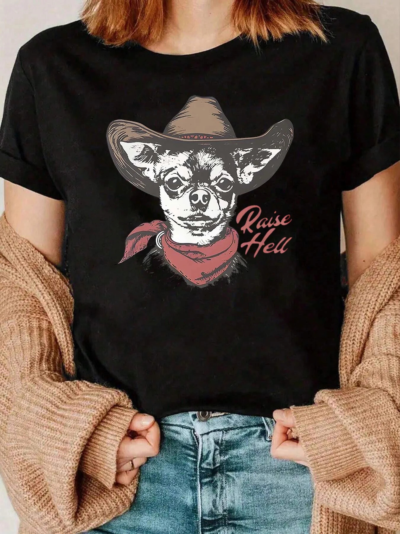Chihuahua Cowboy Raise Hell Print Camiseta Halloween Casual Wear Mulheres 220g