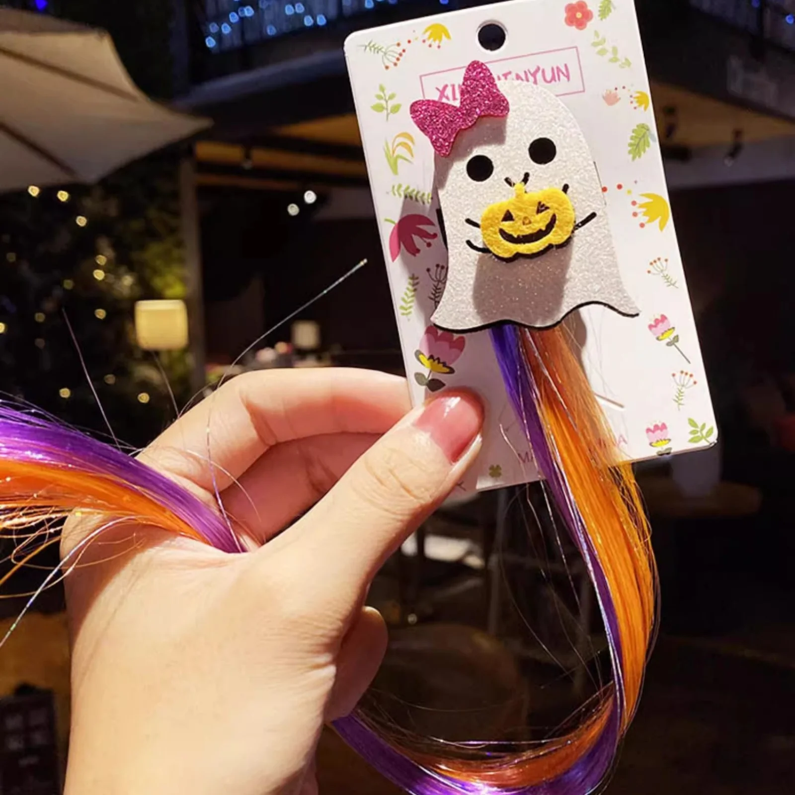 1 x Halloween-Perücken-Haarspangen für Kinder, 5-teiliges Set mit Kürbis-, Fledermaus-, Geister-, Katzen- und bunten Haarverlängerungen – Detail 4