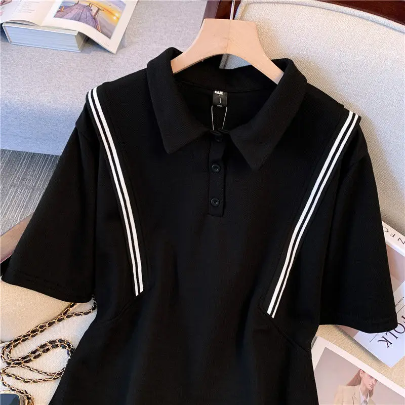 ผู้หญิงฤดูร้อนแขนสั้น Spliced เสื้อโปโลเสื้อยืดหลวมอินเทรนด์สบายๆสไตล์ใหม่น้ําหนักเบาแฟชั่นสีทึบ