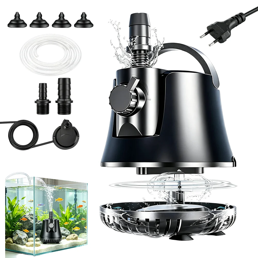 Pompe submersible multifonctionnelle pour aquarium 25W avec tuyau de 1,5 m, débit réglable 360° °   Pompe à eau ultra silencieuse à aspiration inférieure pour aquarium, étang, fontaine de jardin, système hydroponique, circulation d'eau