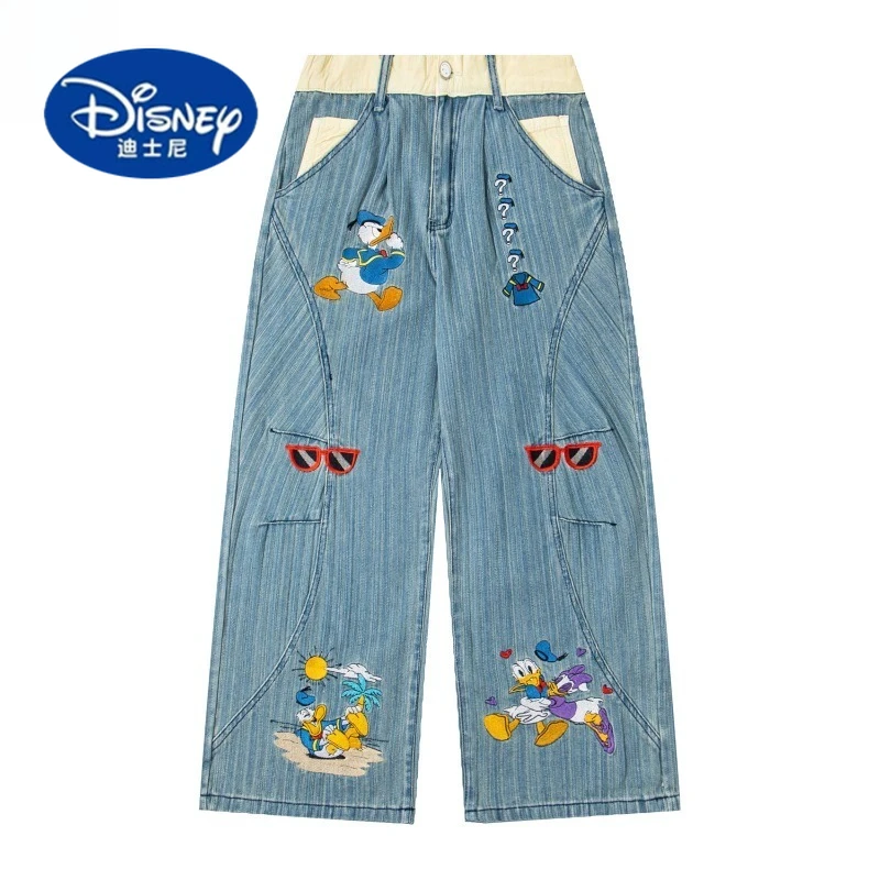 

Disney 2025 New American Vintage Washed Cartoon Embroidery Color Block Deconstructed Wide Leg Jeans Unisex