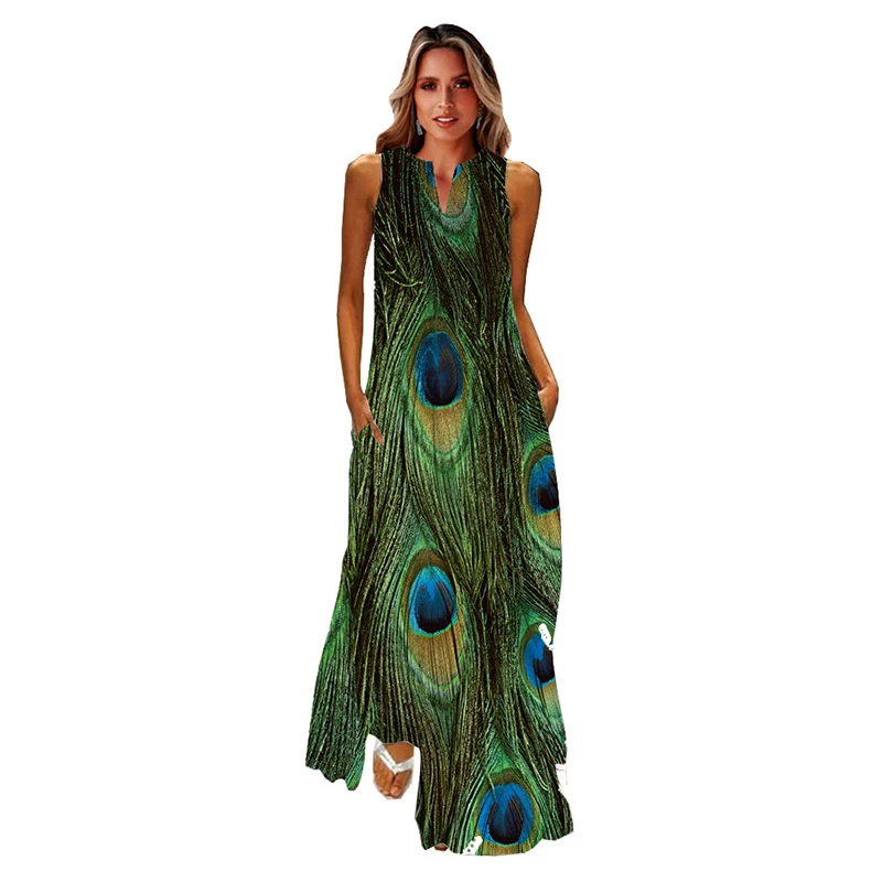 Lady Summer Long Dress Green Sleeveless Feather Print Elegant Party Dresses For Women 2023 Casual Beach Women Dress Cloth