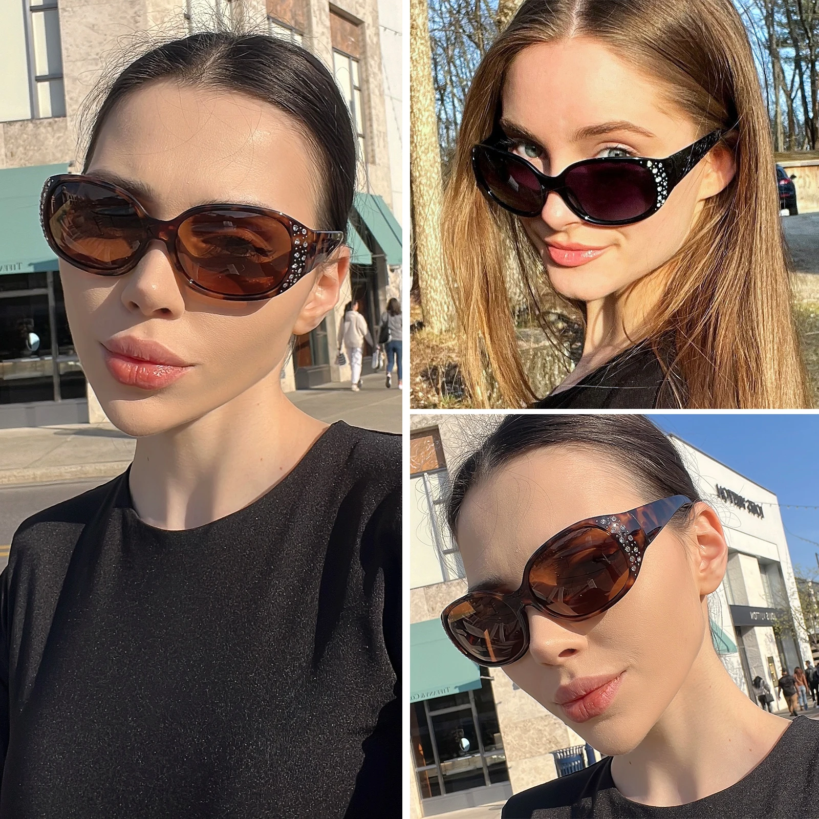 Oval sunglasses, fashionable diamond-encrusted street style sunglasses