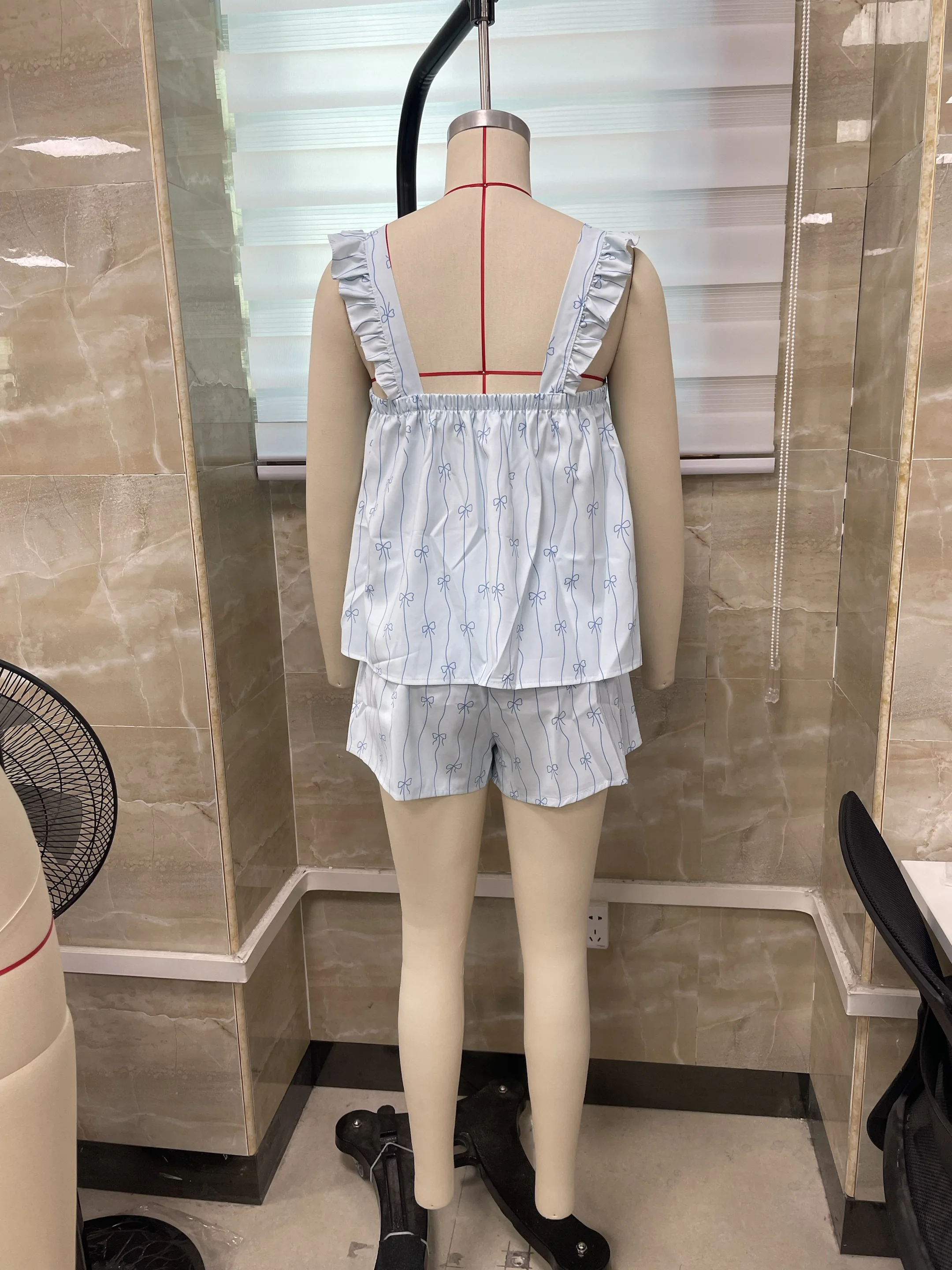 Women's Summer Pajamas Set Stylish Bow Print Ruffled Trim Camisole Tops with Wide Leg Shorts 2 Pcs Set