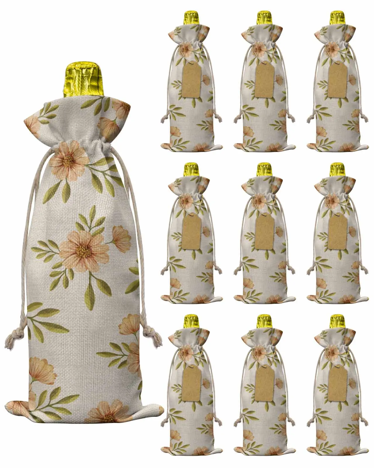 10pcs Daisy Leaf WatercolorWine Bottle Bag with Drawstring Festive Party Decor Wine Bottle Covers Gift