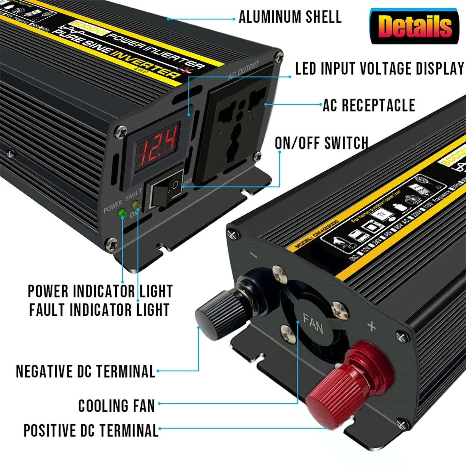 Imagem -04 - Inversor de Onda Senoidal Pura Transformador de Voltagem Display Digital Inteligente Carro Casa Exterior Conversor dc 12v220v 8000w 10000w