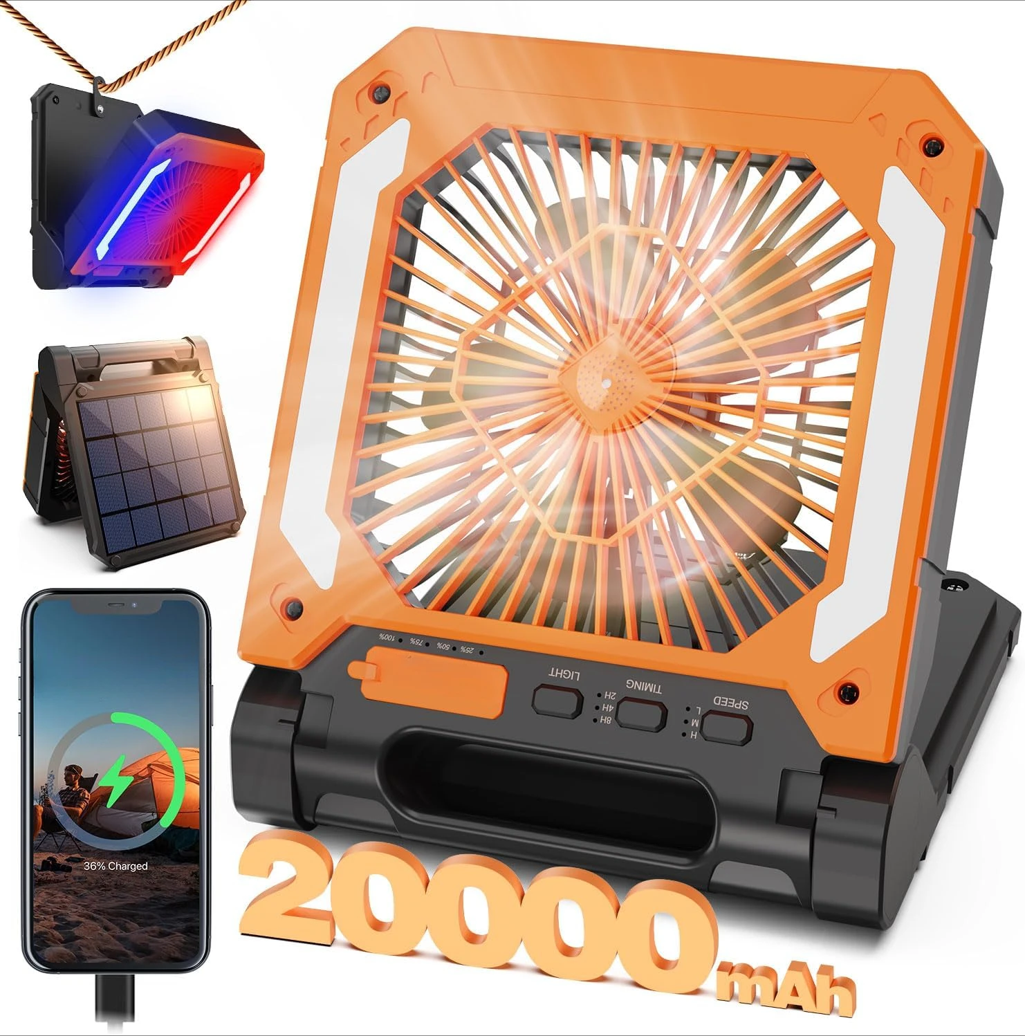 

20000mAh Rechargeable Solar Powered Portable Fan with Led Lantern, 3 Speeds Cordless Battery Operated Camping Fan