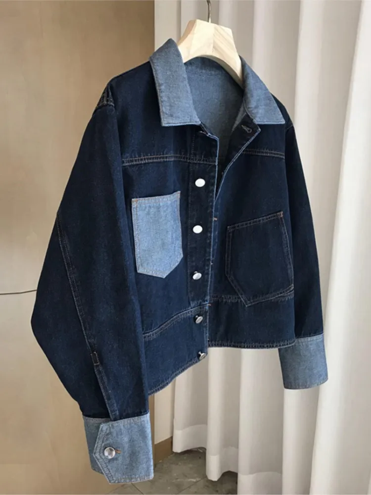 

Retro Denim Jacket Women 2025 New Autumn Fashion Casual Loose Contrasting Color Single-breasted Pocket Coats Female Short Top