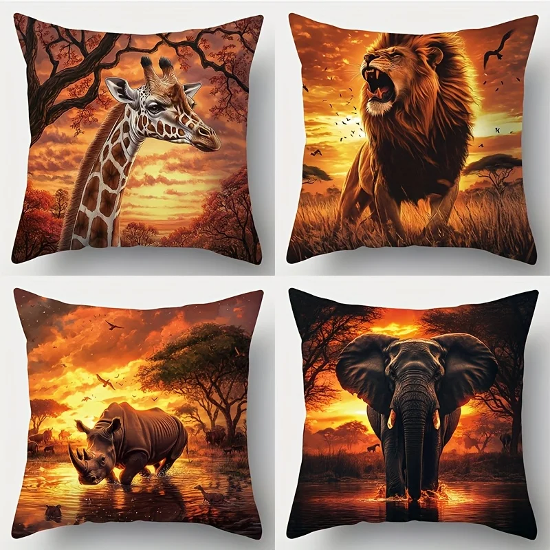 4pcs African wildlife patterns single-sided digital printing Short plush Suitable living rooms bedrooms sofas zippered closure