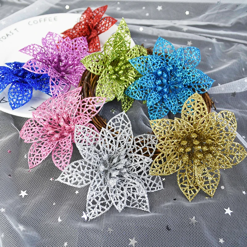 5p 10cm Glitter Christmas Tree Decoration Flower Artificial Flower Head For Christmas Ornament Wedding Birthday Party Home Decor