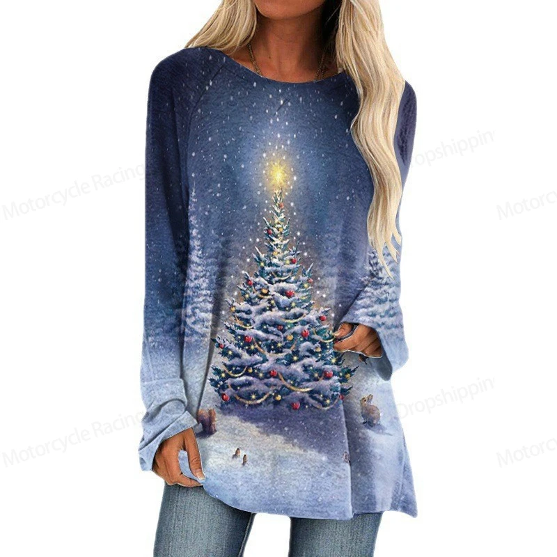 Red Christmas Tree 3d Print Long Sleeve T-shirt Women Fashion Christmas T Shirt 3D Crewneck Long Tunic Tops Women Tshirt Gift