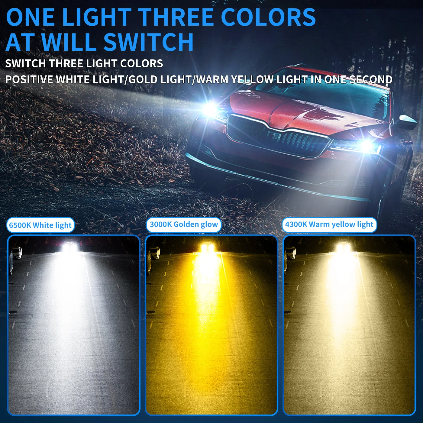 2X H7 Car Tricolor LED Headlight H1 H4 H11 HB3 HB4 9005 3000K 4300K 6000K Yellow White Three Colors 12V LED Auto Bulbs 24V Truck