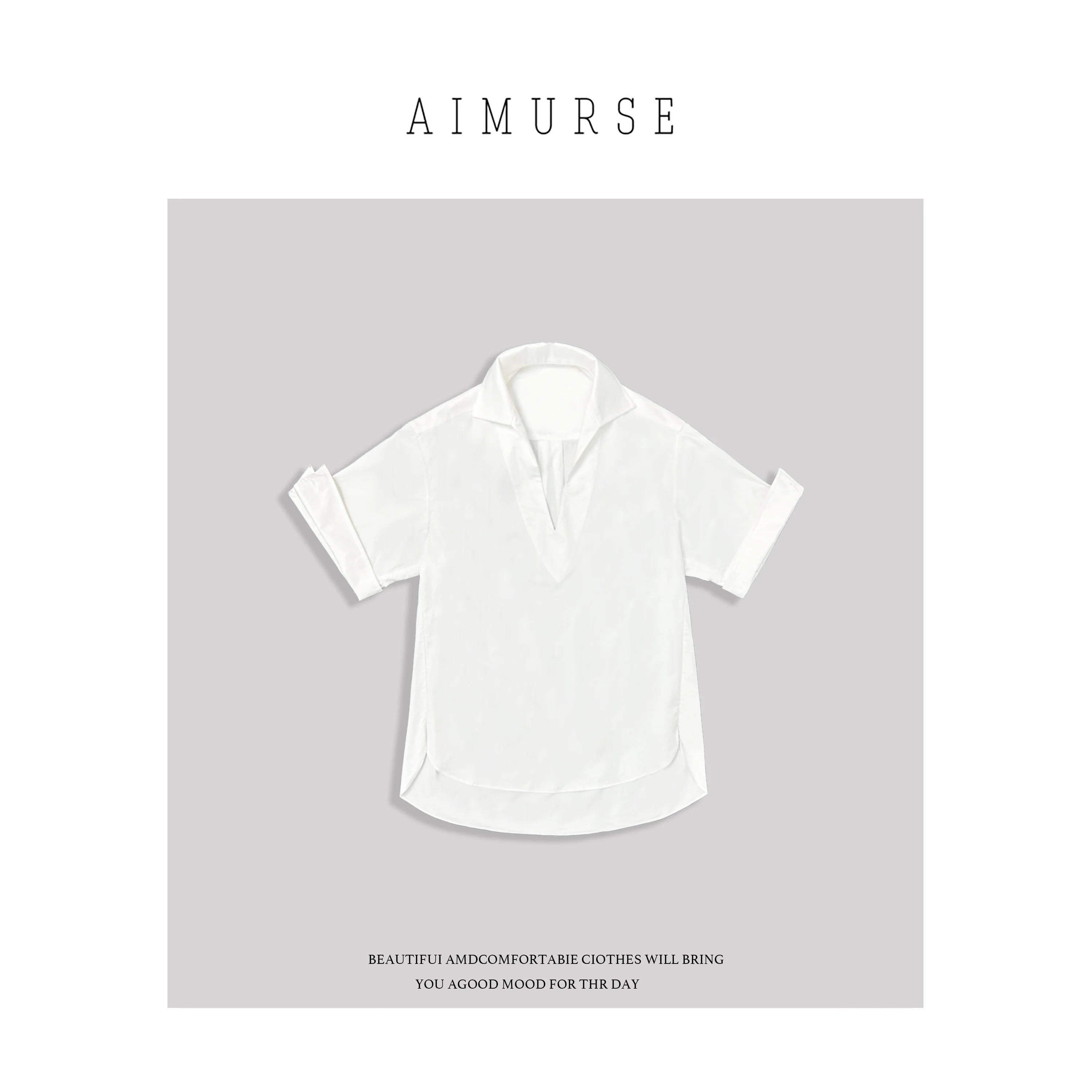 

Jinjin Summer New Simple Fashion High Slim Fit Women's Top Casual Style Pure Color Shirt Sleeve Lengthened Cotton Material