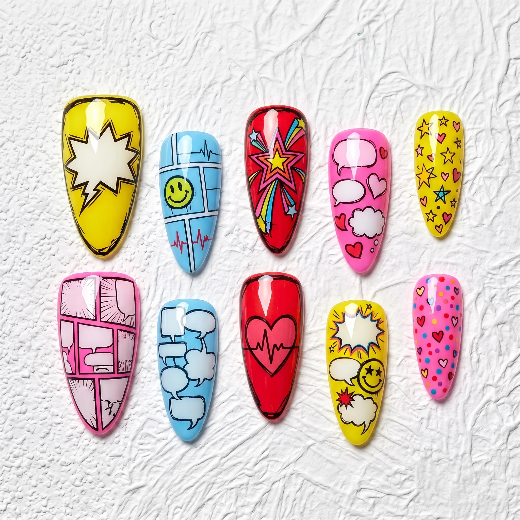 

Artisan Handcrafted 10PCS Comic Pop Art Stiletto Press-On Nails | Vibrant Comics, Speech Bubbles, Party Style Salon Finish