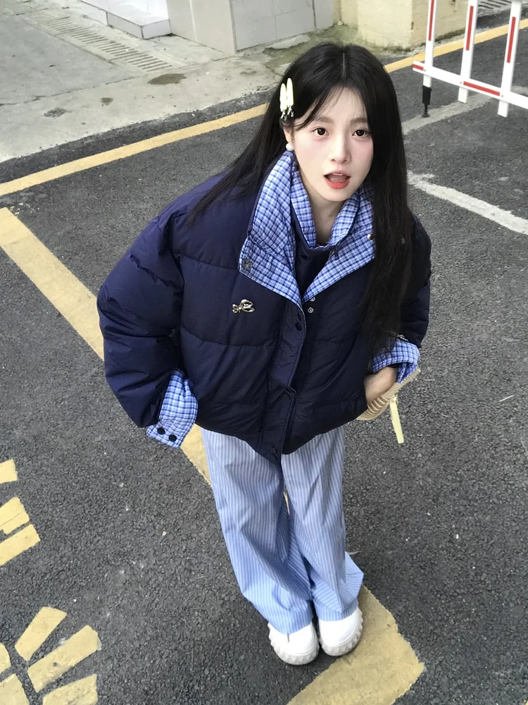 Chaqueta de algodón empalmada a cuadros para mujer, abrigo falso de dos piezas con cuello levantado, versión coreana, holgado y versátil, estilo ins, Otoño e Invierno