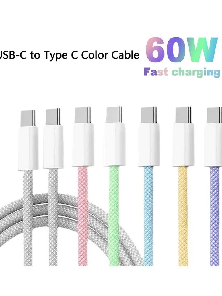 Câble de couleur de Type C à Type C, 1M 1.5M 3M, câble de charge rapide PD 60W pour iPhone série 15 Samsung Xiaomi câble de tissage de Type C