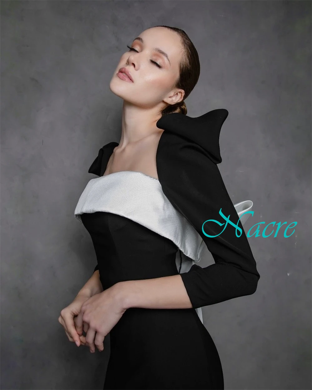 カスタマイズされたファッションサテンコントラストカラーイブニングドレス繊細な長袖ウエディングドレス繊細なリボン特別な日のドレス