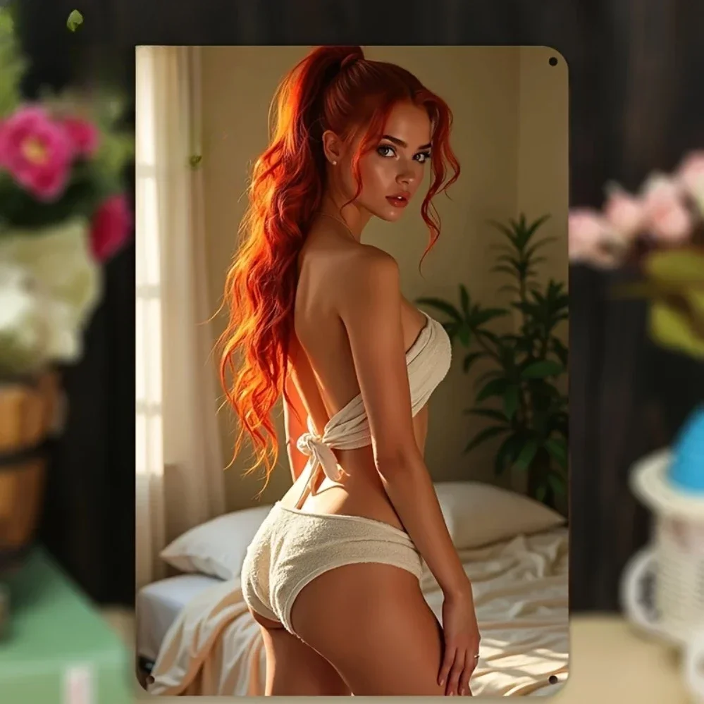 Vintage Red Hair Lady 2D Wall Art - 8x12 Inch Aluminum Sign, No Power Needed Easy Hang, Retro Home Decor for Bedroom Living R