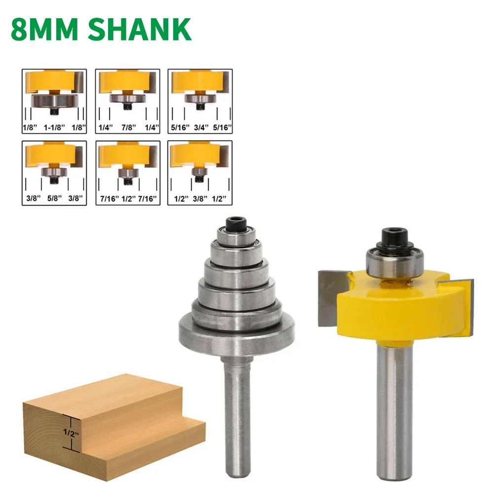 1Set 8MM Shank Milling Cutter Wood Carving Rabbet Router Bit with 6 Bearings Set -1/2"H Woodworking cutter Tenon Cutter for Wood