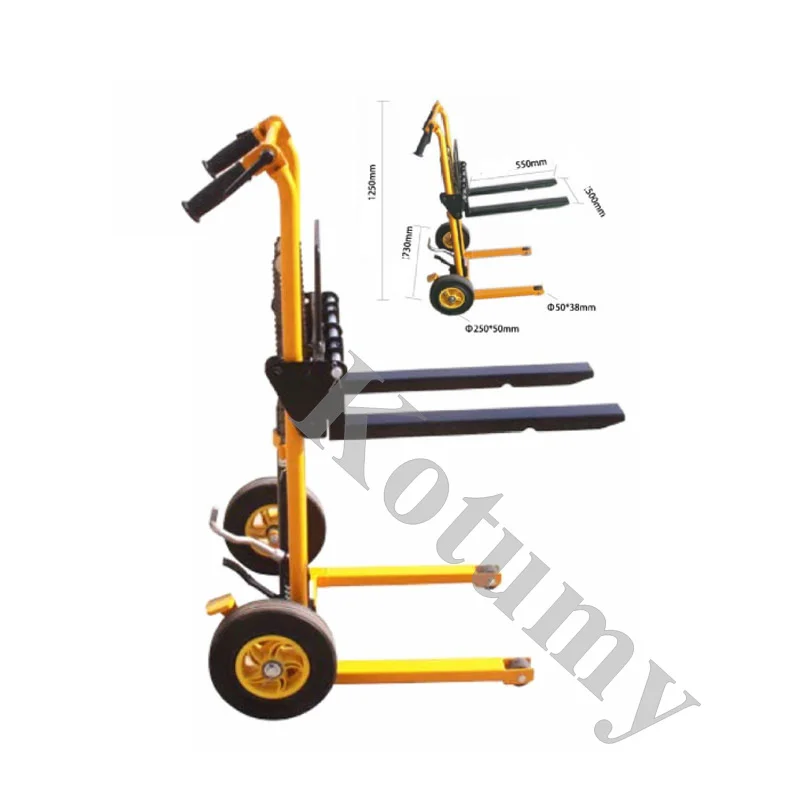 Four wheel 200kg load-bearing forklift, portable manual handling stacker, light household lift truck, folding flat tiger cart