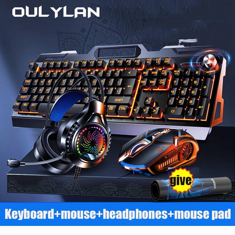 Keyboard V2G5 Mechanical Touch Metal Mouse Earphone 3pcs Set USB Wired Esports Gaming Luminous Keyboards Computer Accessories