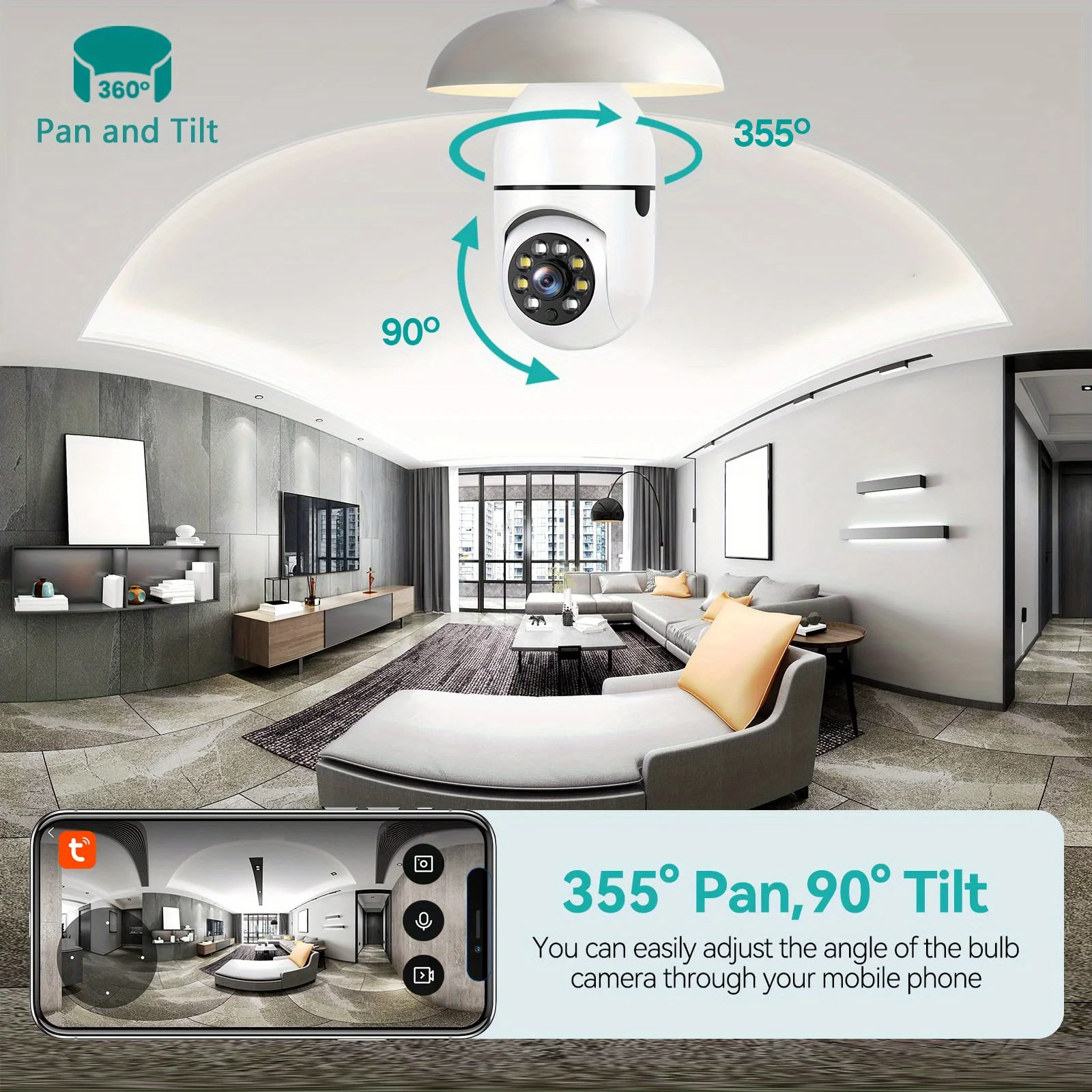 2Pcs/Tuya indoor light bulb camera, home security monitoring system, 3MP HD video, 2.4GWiFi PTZ camera, motion detection alarm