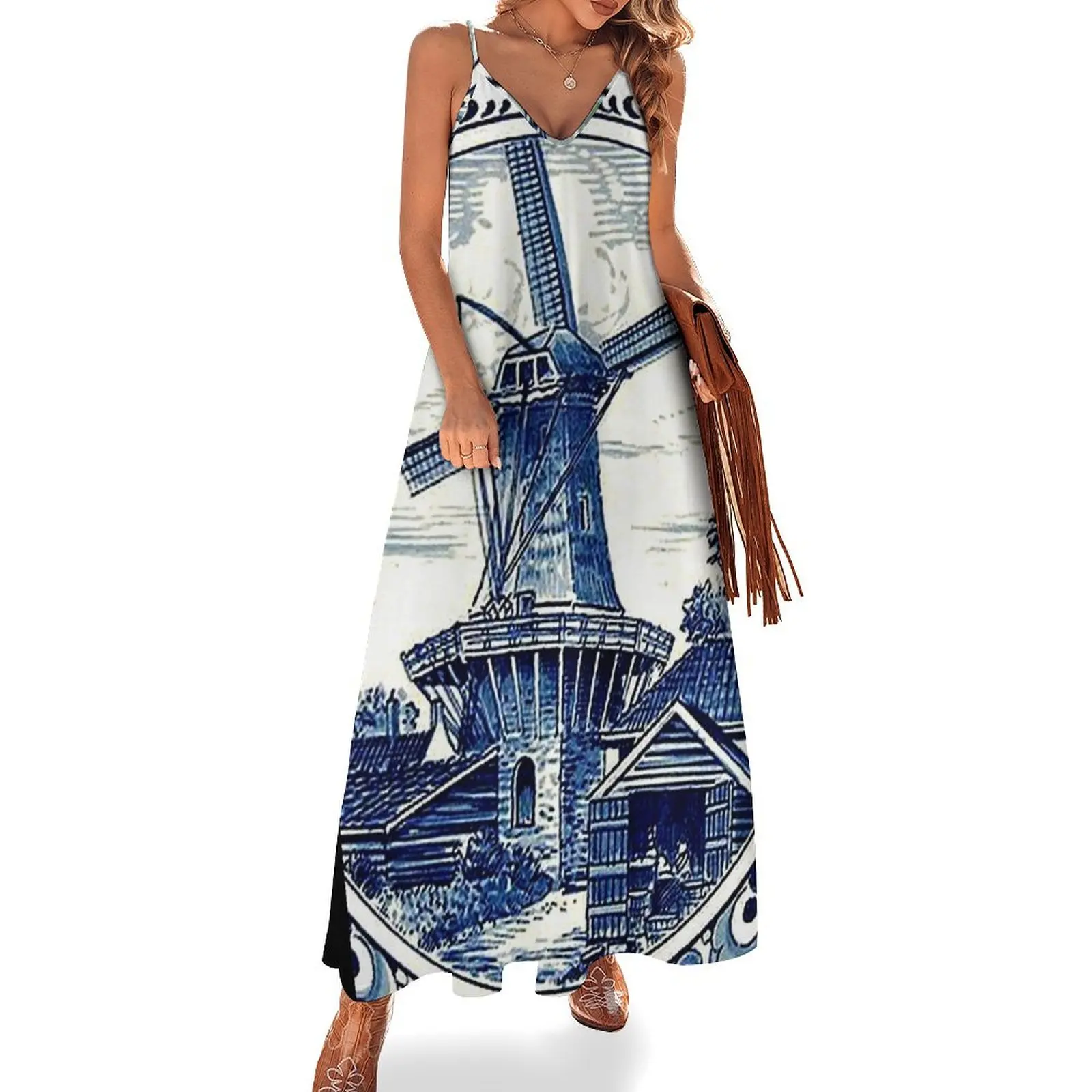 

DUTCH BLUE DELFT : Vintage Windmill Print Sleeveless Long Dress dresses summer woman 2025 women's luxury party dress Dress