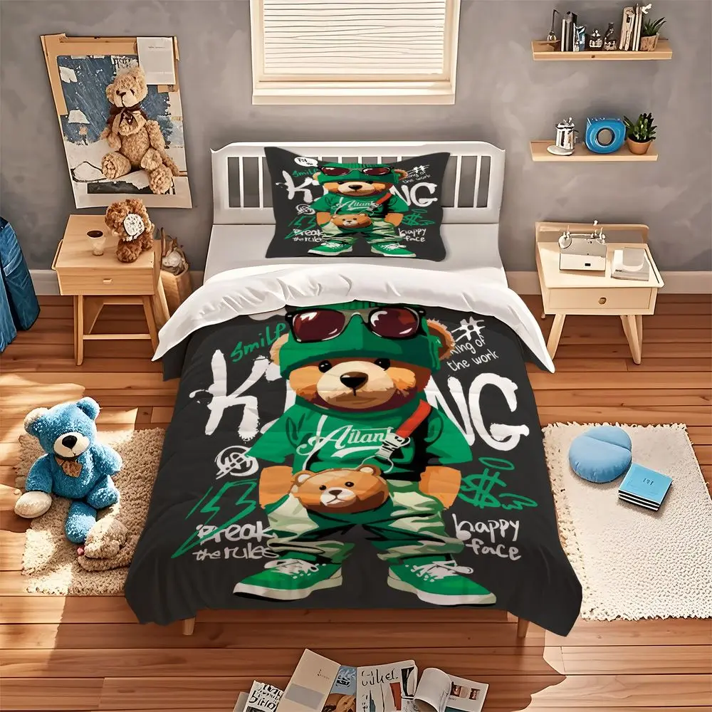 Hip Hop Bear Duvet Cover Set Green Graffiti Print Bedding Set Microfiber Digital Printed Comforter Cover Bedroom Decor