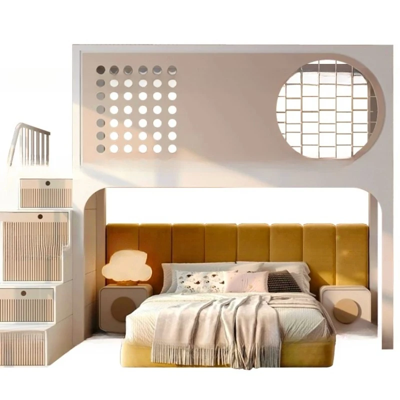 Tempat tidur anak modern mewah dengan desain susun tingkat atas dan bawah, terbuat dari kayu solid dengan tangga dan lemari.