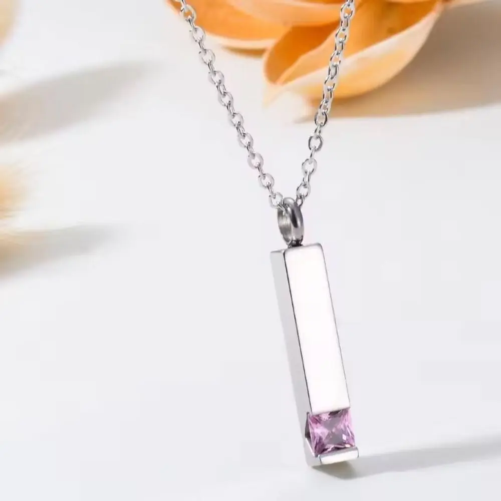 Simple Stainless Steel Zircon Cremation Necklace Fill-able Decorative Keepsake Urn Necklace Long Strip Pet Ashes Necklace Men