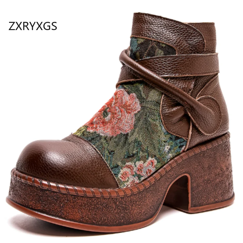 ZXRYXGS Top Layer Cowhide Printing Boots Fashionable Shoes 2026 Autumn Winter Thick Sole Increase Boots High Heels Trendy Boots