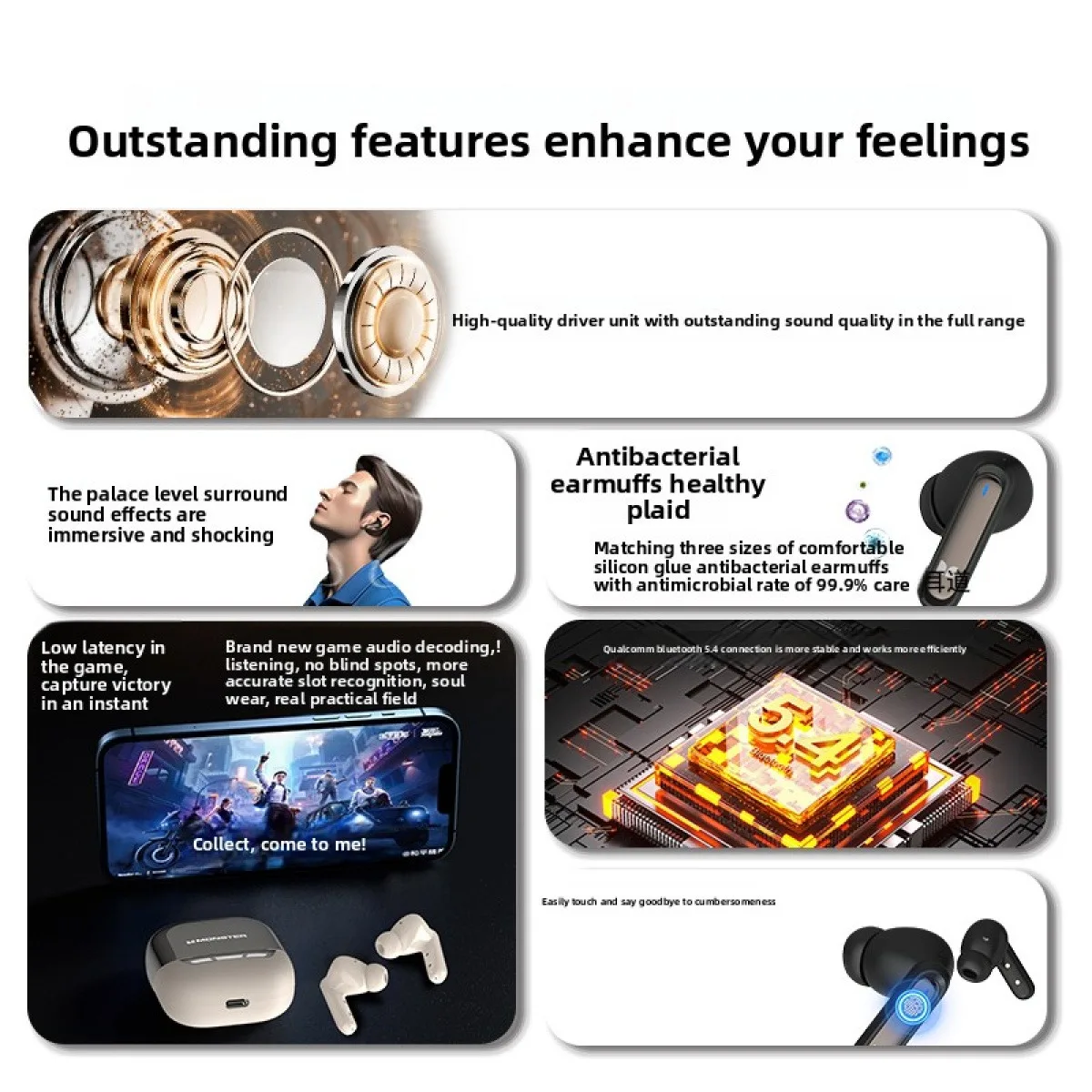 Monster XT05 Bluetooth 5.4 Gaming Earphones Low Latency Stereo Wireless Earbuds HD Call 20H Long Battery Fast Charge