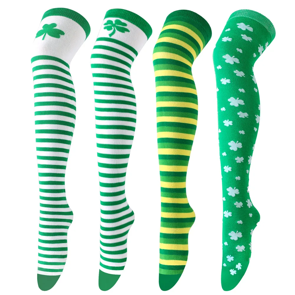 2 Paar grüne Socken Party vierblättriges Kleeblatt Overknee-Socken St. Paric Festival Lucky Grass gestreifte Strümpfe Urlaubssocken