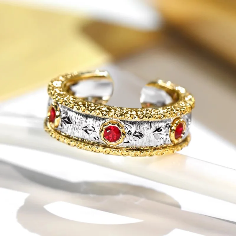Italian Brattì Retro Classical and Elegant Red Corundum Ring, Court Style Ball Bearing Edge Lace Finger Ring for Women