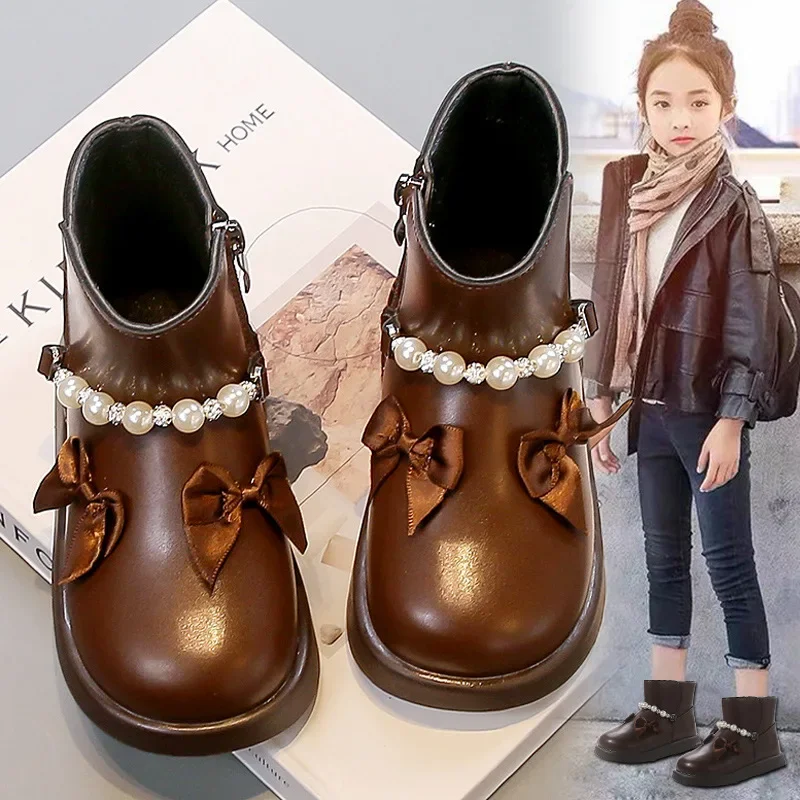

Size:23-35 Girls' Soft-Soled Leather Boots 2025 Autumn New Style - Elegant Princess Design with Bow and Pearl Accents