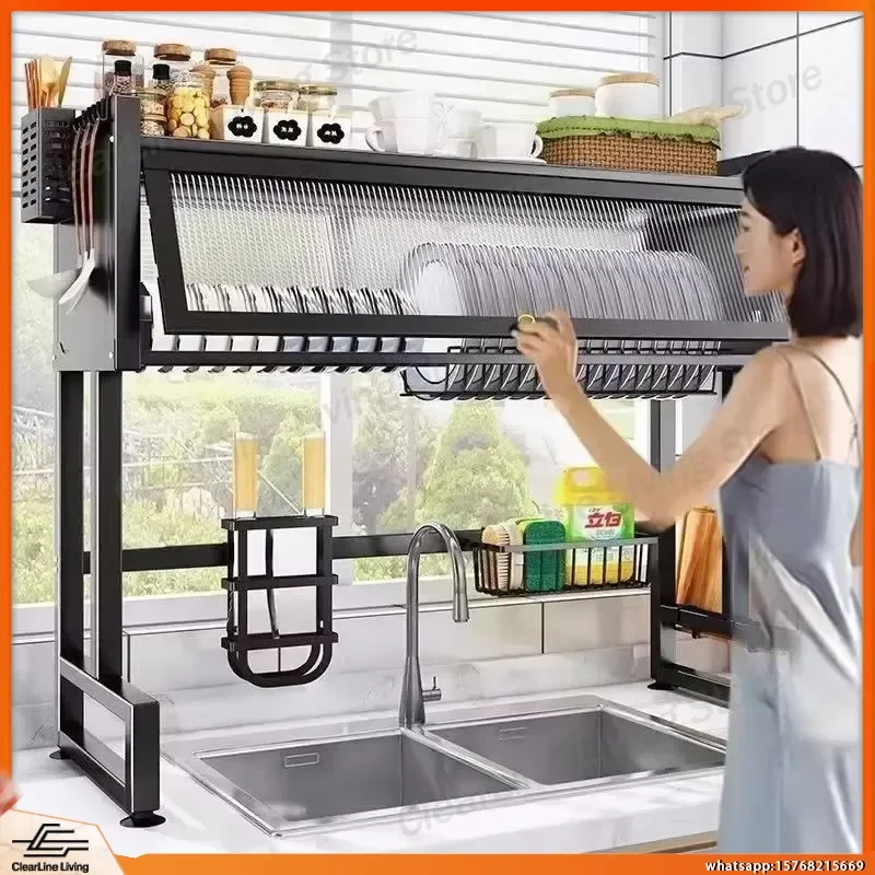 

Stainless Steel Over the Sink Dish Drying Rack Kitchen Drain Shelf Multi Functional Organizer Cabinet with Storage for