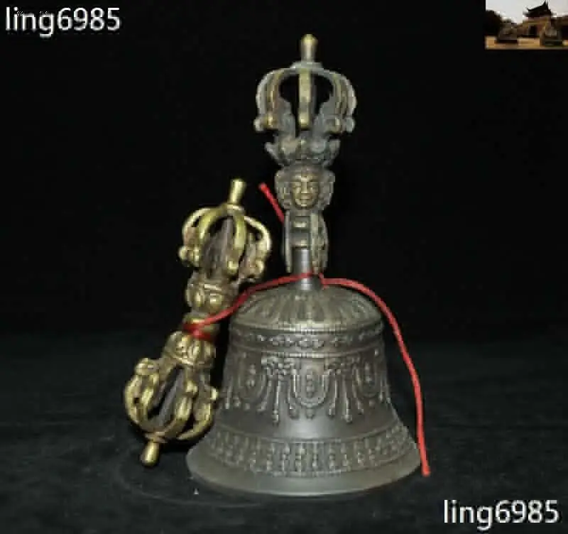 Estatua de Campana con Cabeza de Kwan-yin, Vajra Dorje Phurpa, de Bronce Puro, del Templo del Budismo Tibetano