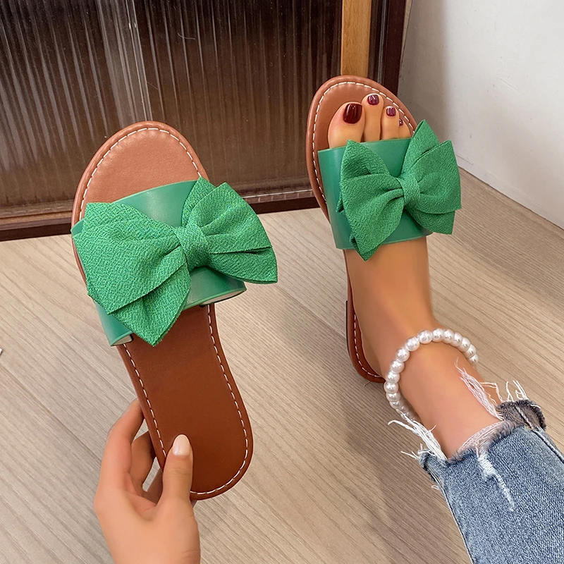 

Женские летние шлепанцы-сандалии с бантом, повседневные пляжные тапочки на плоской подошве, женская обувь Zapatos De Mujer
