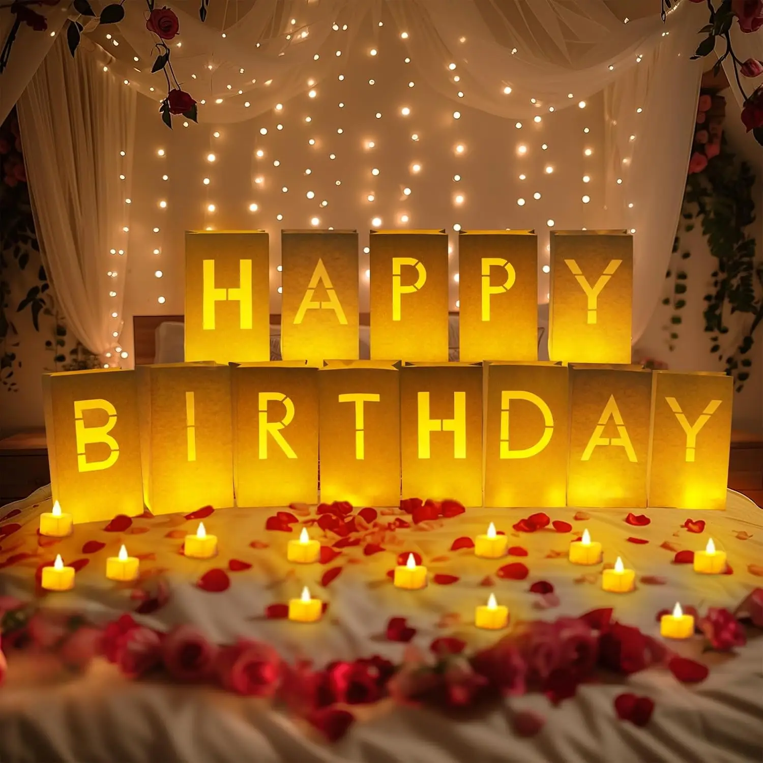 

2032-2038PCS Birthday Light Up Letters with LED Lights and Roses Luminary Paper Bags for Wedding Proposals Birthday Decorations