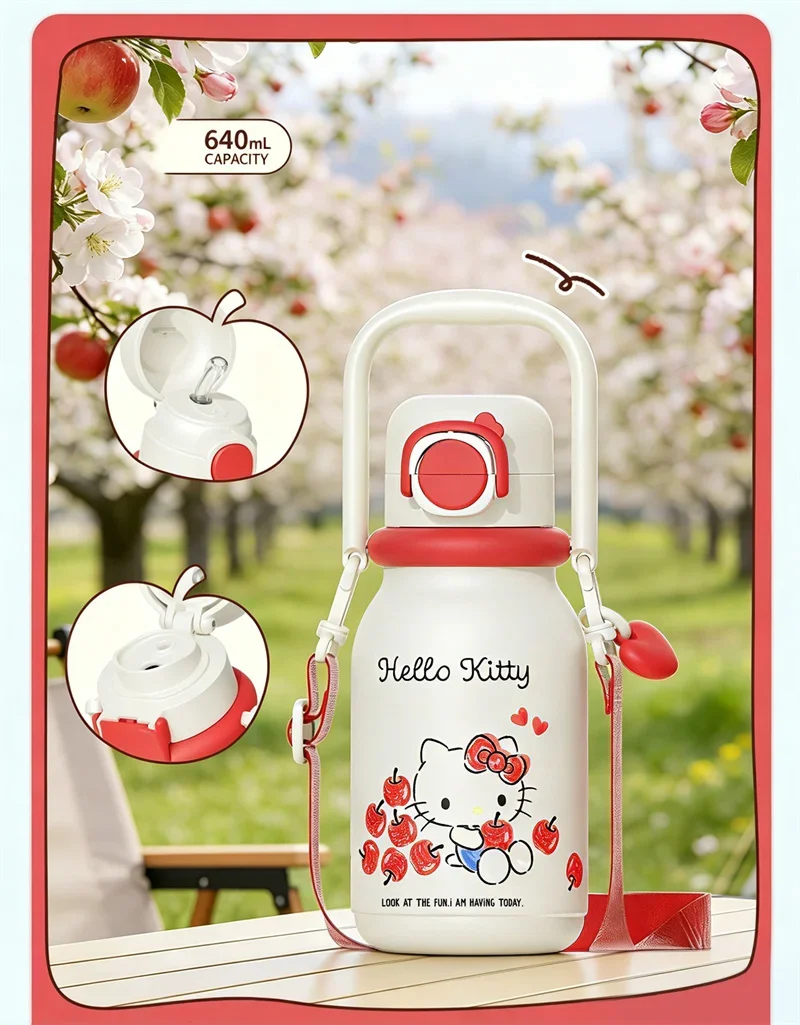 X&W Hello Kitty Theme Insulated Cup 316 Stainless Steel Girl Cute Straw Cups Portable Outdoor Travel Vaccum Flask Perfect Gift