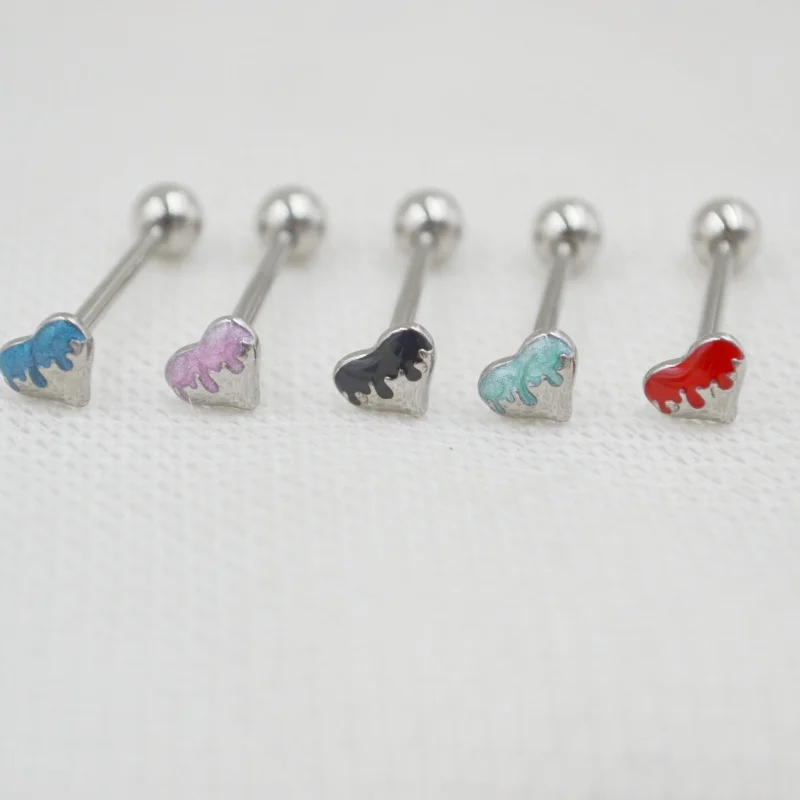 50pcs Body Jewelry Piercing Heart Shape Tongue Ring Barbells Nipple Bar 14G~1.6mmx16mm Mix Nice Colors