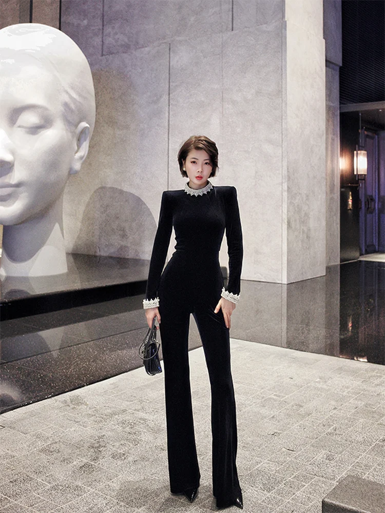 

XULU Original Black Velvet Heavy Bead Embroidery High Waist Slimming Half High Collar Jumpsuit Commute Style Long Pants