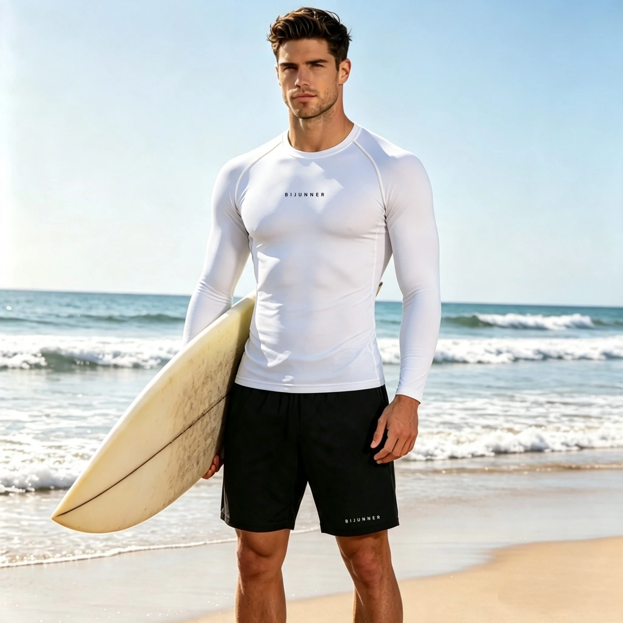 New Men Surfing Sun Protection T-shirt+Shorts Sets Long-sleeve Stretch Tight-fitting Top Mesh Shorts Quick-dry Surfing Swim Set