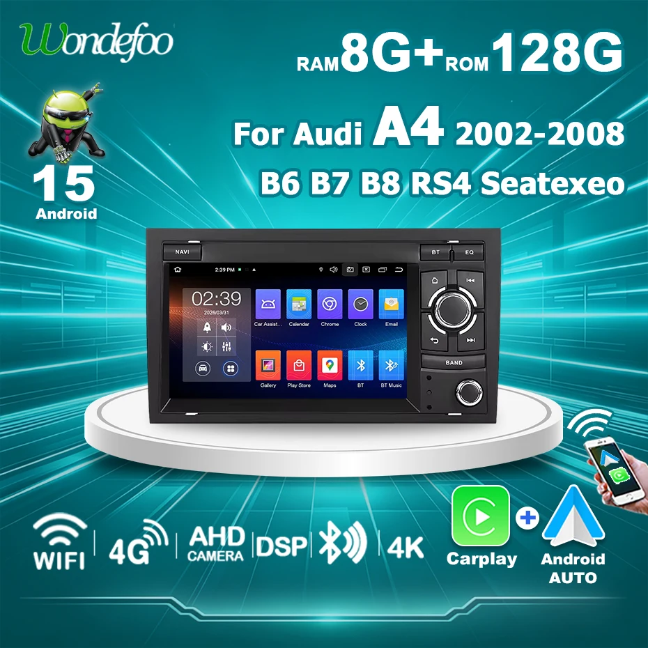 Autoradio Android 15 con Carplay Wireless, Stereo con Schermo da 7'' per Audi A4 B6 S4 B7 RS4 Seat Exeo 2002-2008, Lettore Multimediale per Auto
