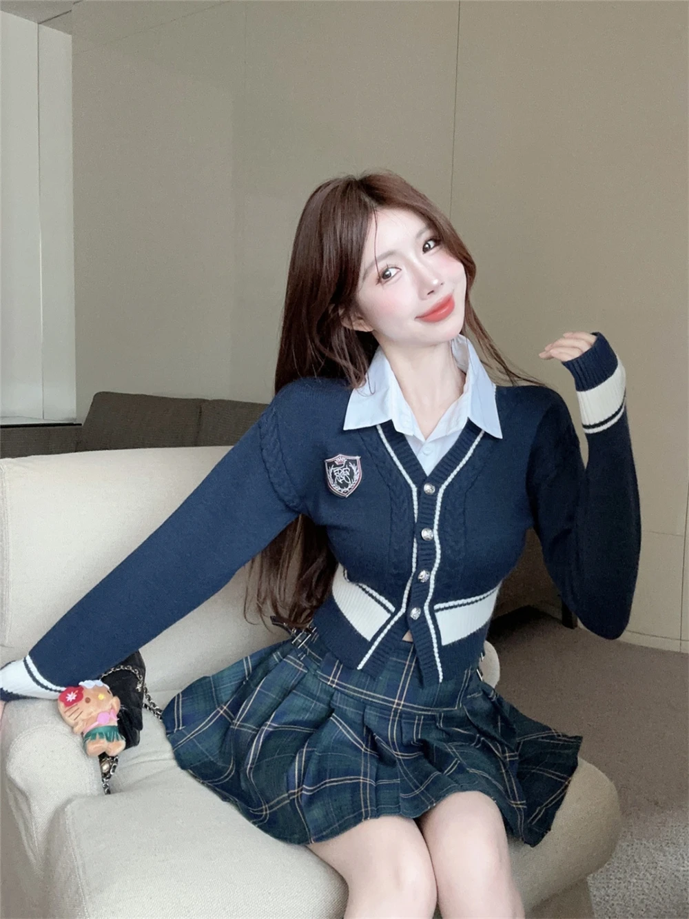 Frühling Frauen adrette Stil jk Uniform Set Mädchen schlanke sexy kurze gestrickte Top schwarzgrün karierten Falten rock Anzug koreanisch