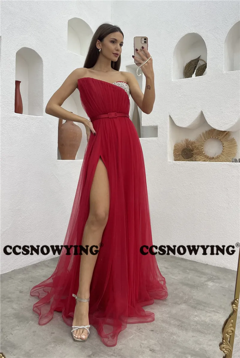 

Simple Tulle Beaded Prom Dress with Slit Long Evening Dresses Women A Line Formal Party Gown Sleeveless Robes De Soirée