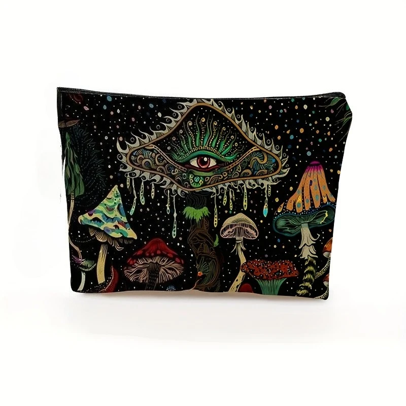 Mystical Witchy Makeup Bag Bohemian Mushroom Zipper Cosmetic Pouch Witch-Themed Printt Moon & StarsTravel Bag Halloween Gift view 5