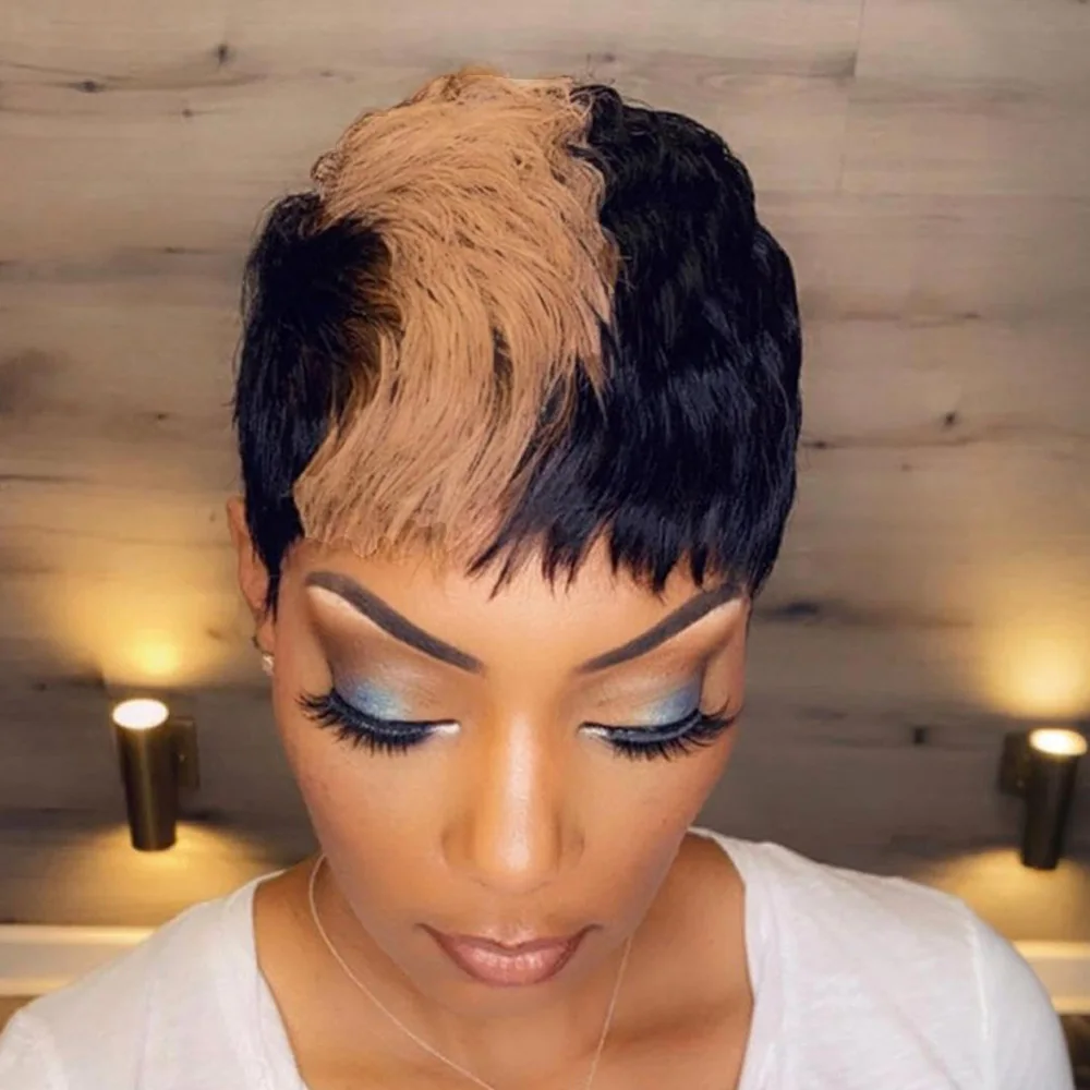 Короткий прямой парик с стрижкой пикси Блондинка, черный парик Боб с челкой, парики из натуральных волос машинного производства