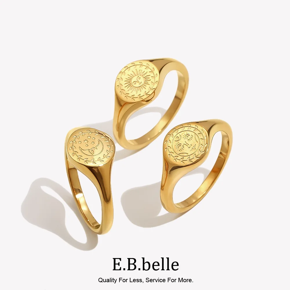 E.B.belle – bague plaquée or, Expression faciale créative aigravée de lune, soleil, étoile, sans ternissement, chevalière de déesse en acier inoxydable